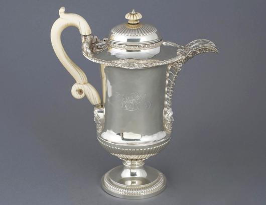 George III Paul Storr coffeepot, London, 1817, 38 ounces. Image courtesy of Auction Gallery of the Palm Beaches.