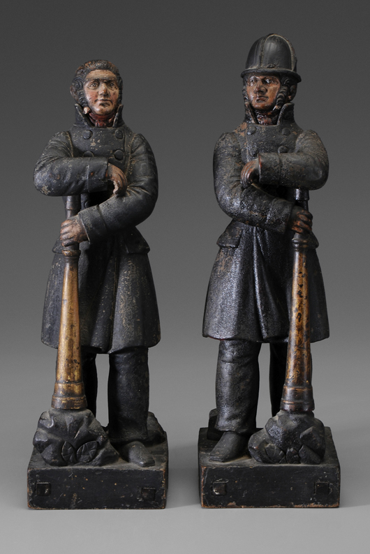 Four pages in the catalog were devoted to the history and description of these 23-inch-tall wooden firefighters. Possibly designed to decorate the engine of Company 27 in lower Manhattan, the pair descended in the family of firefighter Ely Heazelden and sold for $90,000. Image courtesy of Brunk Auctions.