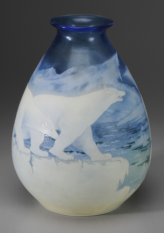 The mark for ‘Gallé’ is on the side of this blue and white 14 1/4-inch polar bear vase. The important vase sold for $45,600. Image courtesy of Brunk Auctions.
