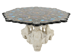 Semi-precious stone-inlaid table. Est. $12,000-$18,000. Morton Kuehnert image.