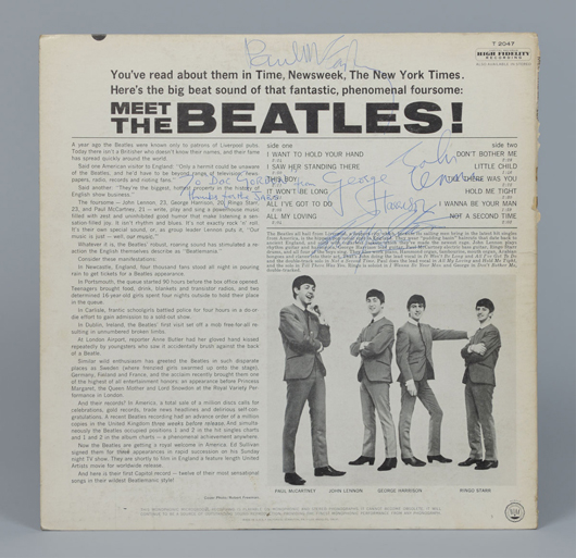 A Meet the Beatles album, signed by all four band members and inscribed “thanks for the jabs” to the doctor who treated George Harrison for strep throat the day before their Ed Sullivan show debut, rocked at $75,400. It was the second and final signed Beatles album from the Gordon estate. Image courtesy of Case Antiques. 