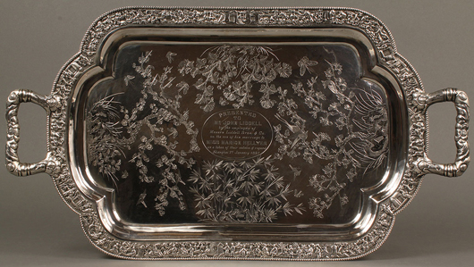 Chinese objects continued their hot streak. A Chinese silver presentation tray given as a wedding gift from a Shanghai company to one of the owners in 1897, with engraved floral, bird, and Chinese figure decoration, sold for $6,032 (est. $1,200-$1,400). Image courtesy of Case Antiques.