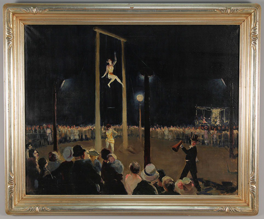 An Ashcan-school inspired circus scene by Kansas City artist Ruth Harris Bohan (1891-1981), drew the highest number of bidders on a single object in the sale and achieved a record price for the artist. Estimated at $1,000-1,500, it soared to $15,080. Image courtesy of Case Antiques.