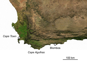 This map created by Vincent Mourre points out the location of Blombos Cave, an archaeological site in South Africa, llicensed under the Creative Commons Attribution-Share Alike 3.0 Unported license.