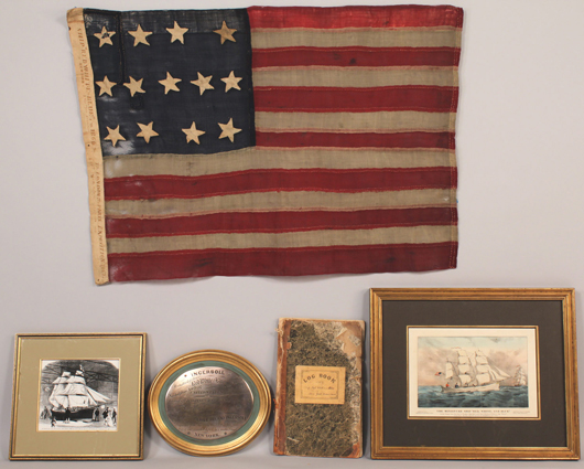 The boat flag, log, and related archive from The Red White & Blue, which in 1866 became the smallest ship to ever sail across the Atlantic. The lot included two Currier and Ives prints about the voyage. The ship was also exhibited at the Crystal Palace. Price for the lot was $35,960. Image courtesy of Case Antiques.