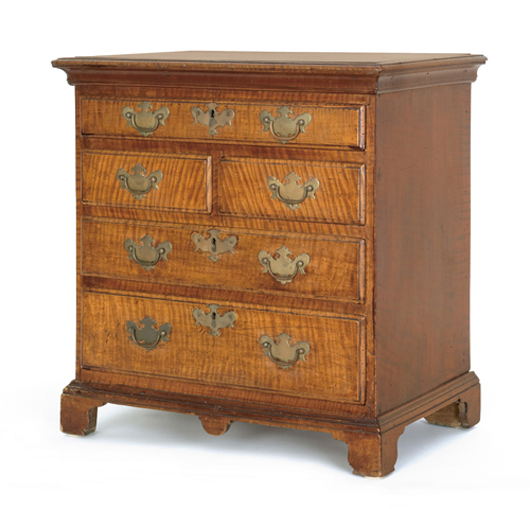 Rare Chester County Queen Anne tiger maple miniature chest of drawers, dated 1764, with cove cornice, graduated drawers and straight bracket feet with center drop, 20 1/2 inches high x 18 inches wide x 11 1/2 inches deep. Realized price $82,950. Image courtesy of Pook & Pook Inc.