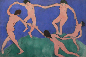 Henri Matisse painted 'The Dance (I) in 1909. The oil on canvas measures 8 feet 6 1/2 inches x 12 feet 9 1/2 inches. Image courtesy of Wikimedia Commons.