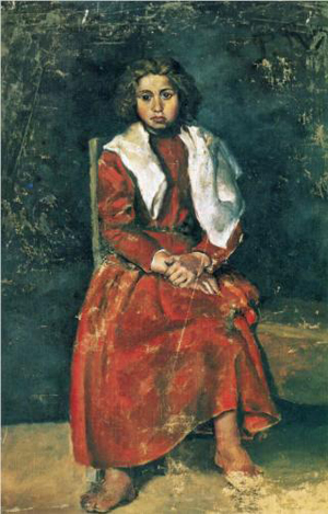 One of Picasso's early works in the exhibition is the 1895 oil painting 'The Barefoot Girl.' Image courtesy of Wikipaintings.org.
