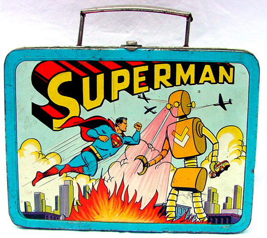 1954 ADCO metal Superman vs. the robot lunchbox. John W. Coker Auctions image.   