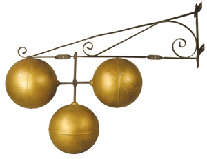 The traditional pawnbroker sign consisting of three suspended gold globes. Image courtesy of LiveAuctioneers.com and Showtime Auction Services.