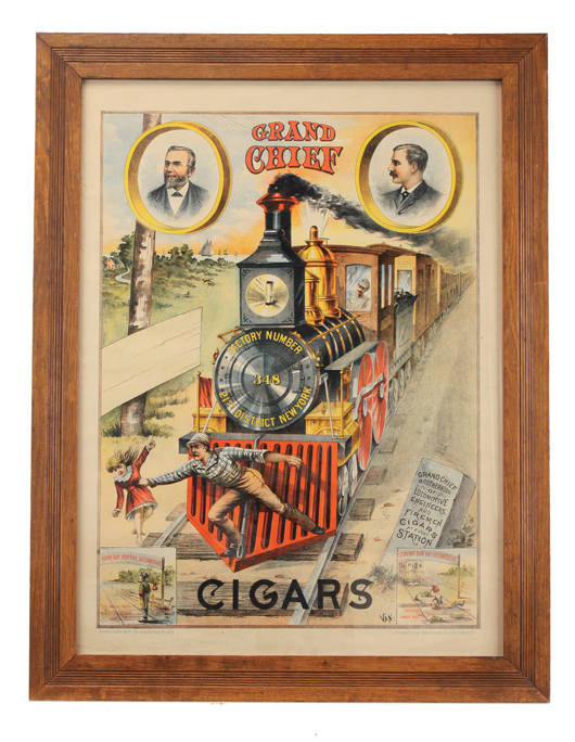 Scarce circa-1885 full-color stone-lithographed paper advertising sign for Grand Chief Cigars, 28 inches by 22 inches, est. $2,500-$3,500. Noel Barrett Auctions image.