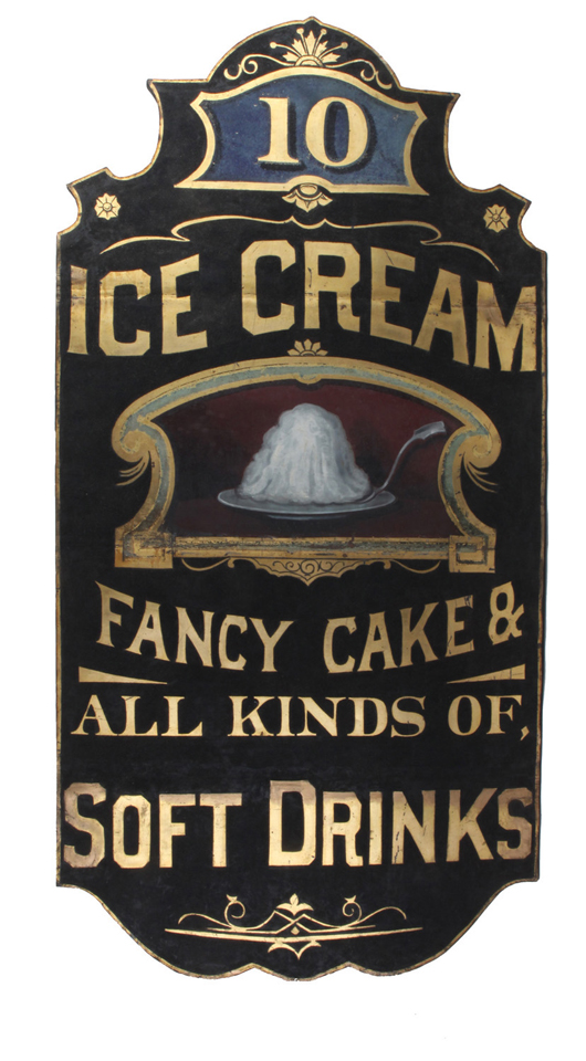 Painted tin on wood ice cream shop sign that advertises confections and beverages, 5 feet tall, est. $8,000-$12,000. Noel Barrett Auctions image.