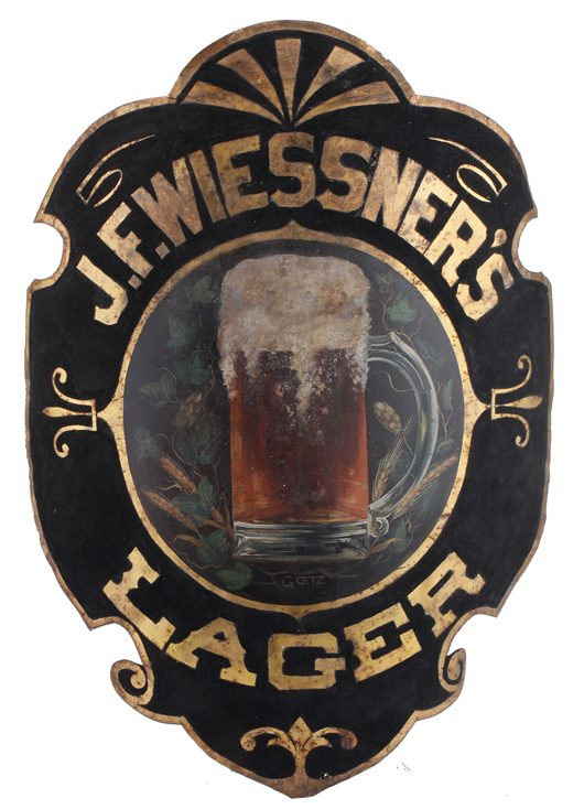 Artist-signed painted tin corner sign advertising Wiessner’s Lager, a late-19th-century Baltimore brand, 34 inches by 28 inches, est. $2,500-$3,500. Noel Barrett Auctions image.