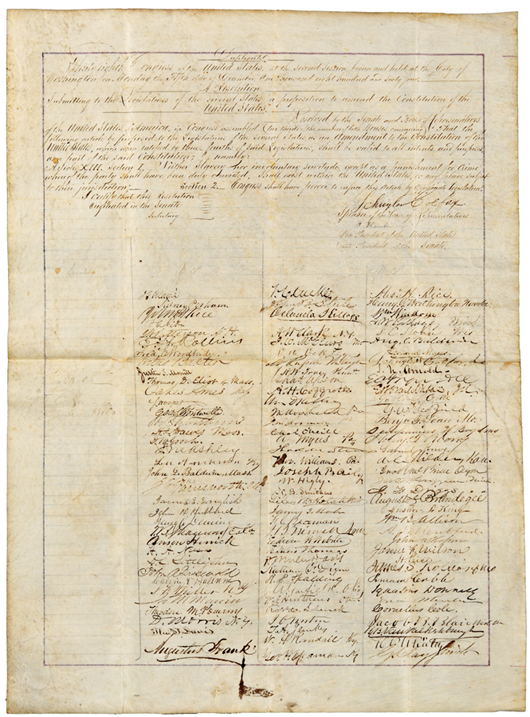 Important petition proposing the XIII Amendment abolishing slavery, one-page manuscript document, November 1864, on vellum, signed by Schuyler Colfax as speaker of the House, Hannibel Hamlim as vice president, and 110 members of Congress. Estimate: $200,000-$300,000. Image courtesy of Skinner Inc.