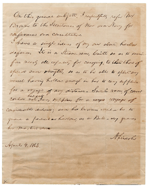 Abraham Lincoln signed one-page letter dated April 4, 1863 to John Albion Andrew, governor of Massachusetts, in response to defense of Boston Harbor. Estimate: $30,000-$50,000. Image courtesy of Skinner Inc.