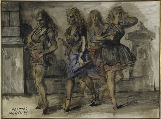 Reginald Marsh (American, 1898-1954) ‘Girls in the Street,’ 1946, tempera on paper (framed), signed and dated, 21 3/4 inches x 30 1/4 inches (sight), literature: ‘American Images: The SBC Collection of Twentieth-Century American Art,’ New York, Harry N. Abrams Inc. (reproduced on page 53, plate 18). Estimate: $40,000-60,000. Image courtesy of Rago Arts & Auction Center. 