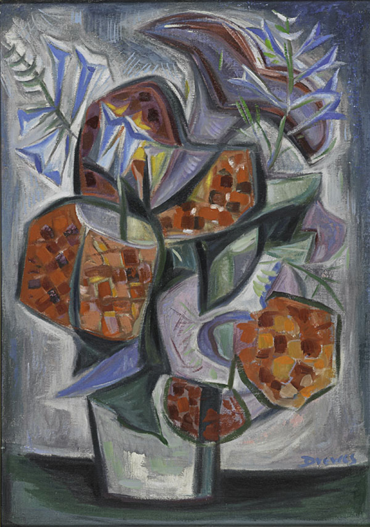 Werner Drewes (American, 1899-1985) ‘The Flower Bouquet III,’ 1950, oil on canvas (framed); signed and dated, 28 x 20 inches. Provenance: estate of artist; Platt Fine Art, Chicago; Private Collection, California. Estimate: $8,000-12,000. Image courtesy of Rago Arts & Auction Center. 