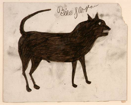 Bill Traylor, paint and pencil on cardboard by freed slave, Bill Traylor, Lot 118. ‘Dog with Signature.’ Image courtesy of Slotin Folk Art.