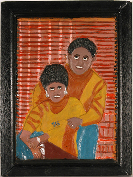Elijah Pierce, carved and painted wood-relief plaque, 1974, titled ‘Mr. and Mrs. Aaron,’. Image courtesy of Slotin Folk Art.