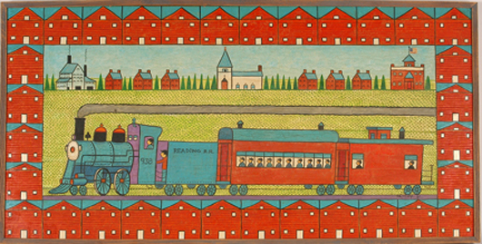 Jack Savitsky, oil on masonite, 1981, titled ‘Reading Railroad.’ Image courtesy of Slotin Folk Art.