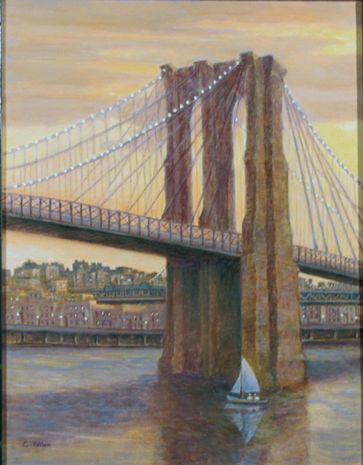 Carole Teller, Brooklyn Bridge at Dusk, oil on board, 14 x 11 in., est. $750-$1,050. Image courtesy of LIveAuctioneers.com and Salmagundi Club.