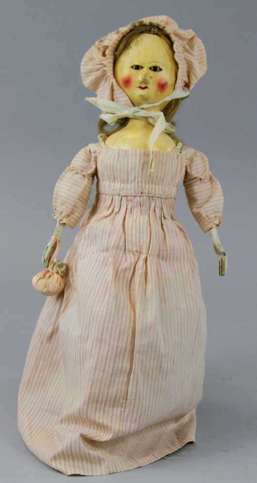 English wooden doll, late Queen Anne or early Georgian period, 21 inches, est. $4,500-$6,500. Bertoia Auctions image.