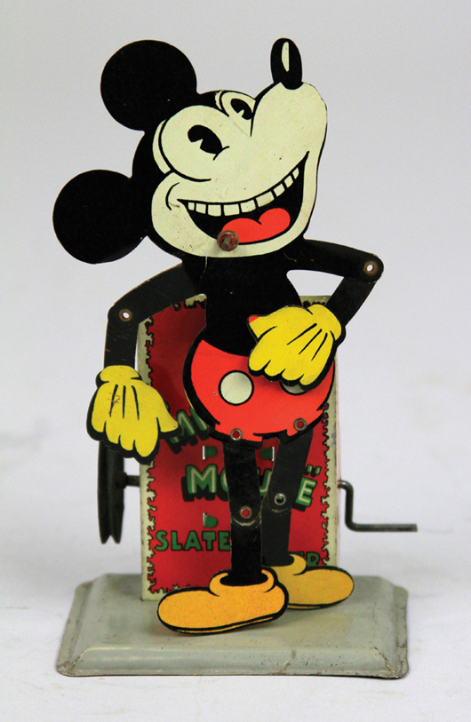 Circa-1930 lithographed tinplate Mickey Mouse ‘Slate Dancer,’ 6 inches, est. $6,000-$8,000. Bertoia Auctions image.