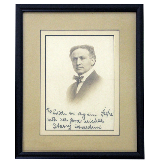 1912 inscribed presentation photo from magician Harry Houdini. Mosby & Co. image.