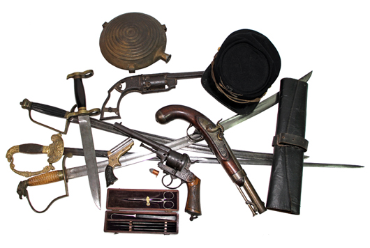Union and Confederate Civil War weapons, hat, miscellaneous items. Mosby & Co. image.