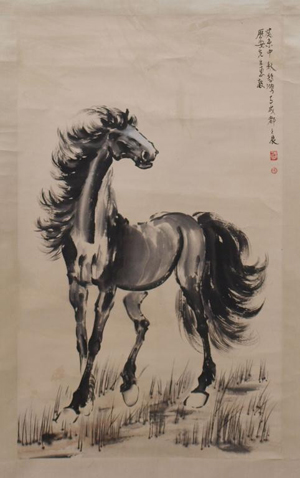 The late Chinese artist Xu Beihong is best know for his paintings of horses. This one is painted on a hanging scroll. Image courtesy of LiveAuctioneeers Archive and Austin Auction Gallery.