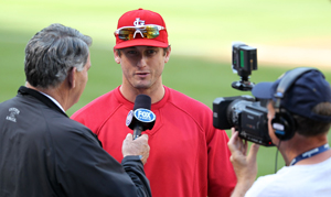 Cardinals' infielder David Freese, MVP of the World Series. Image by Keith Allison. This file is licensed under the Creative Commons Attribution-Share Alike 2.0 Generic license.