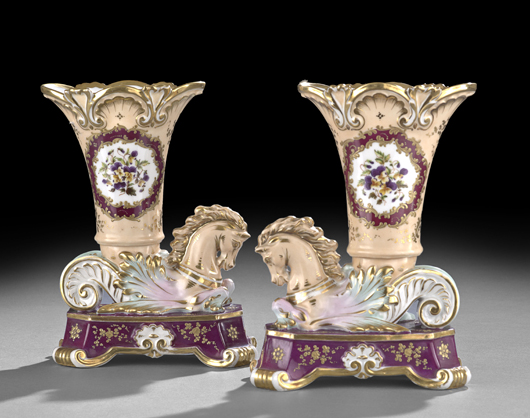 These vases are an ornate Parisian interpretation of the classical rhyton form, originally a type of drinking cup. The pair, dating to the second quarter of the 19th century, sold for $1,045 in early October. Courtesy New Orleans Auctions Galleries.   