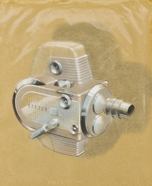 Original 1949 Raymond Loewy Associates drawing of a prototype design for a 16mm Victor Movie Camera with related documentation and correspondence. The drawing is colored pencils on paper, matted, 14 1/2 x 13 inches. Image courtesy of Fuller’s Fine Arts Auctions.   