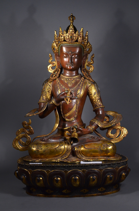 Rare and important Chinese Ming gilt bronze figure of ‘Amitayus,’ the deity shown seated in vajrasana atop a double lotus pedestal, 65 cm (26 inches) high. Image courtesy of 888 Auctions.