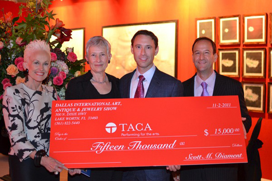 A highlight of the evening was the presentation of the Dallas International Art, Antique & Jewelry Show's $15,000 donation to TACA (The Arts Community Alliance), the beneficiary charity of the opening night private preview evening. Image courtesy of the Dallas International Art, Antique and Jewelry Show.