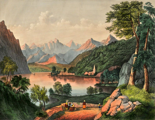 Lot 39, Currier and Ives (1834-1907), 'Lake Lugano, Italy,' hand-colored lithograph. Image courtesy of Gray's Auctioneers.