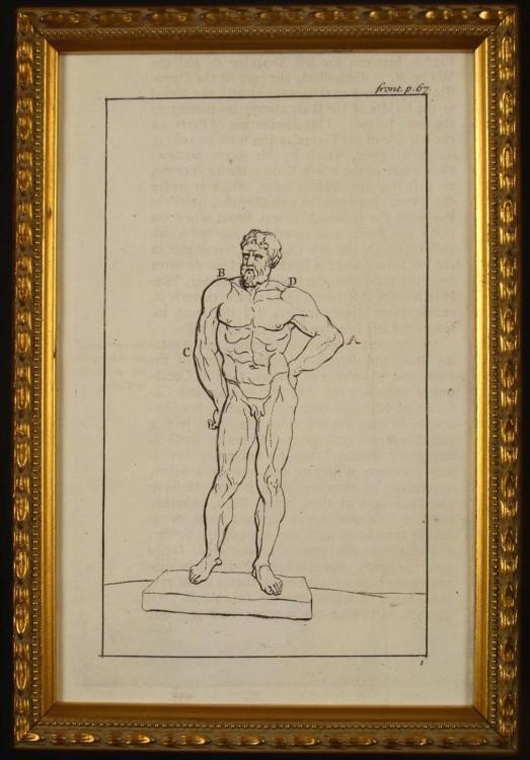 Leonardo da Vinci, first state etching of standing man, appeared in a book published circa 1651, originally from a work conceived between 1490-1513 for the Trattato della Pittura, black ink on thin laid paper, 4¼ x 6½ in., est. $5,000-$6,250.   