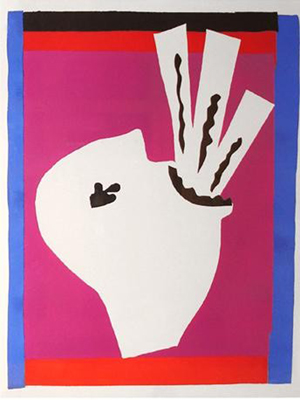 Henri Matisse, Sword Swallower, from the Jazz Suite series, edition of 100, 1947, 15¾ x 11¾ in., framed, est. $31,050-$38,815. Universal Live image.