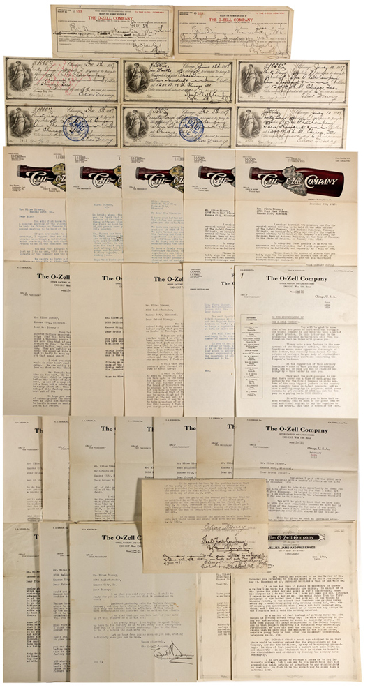 This lot consists of approximately 42 letters, receipts and documents to and from to Elias Disney, Walt's father, who bought heavily into the O-Zell Jelly Company. Walt Disney was not only a stockholder in the O-Zell company at the age of 15, but that he was employed there part-time later. A complete, detailed inventory available upon request. Image courtesy of Holabird-Kagin Americana.