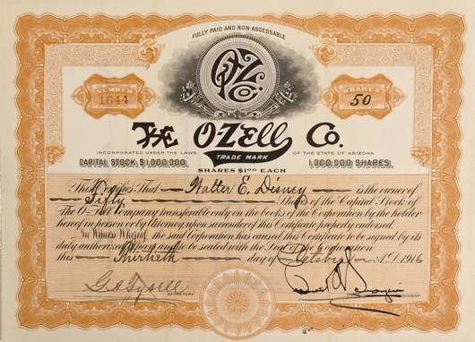 This is the first stock ever issued to Walt Disney. Certificate number 1644 for 50 shares issued to Walter E. Disney. Walt was 15 years old when his dad invested his money for him from the paper route in this stock. Image courtesy of Holabird-Kagin Americana.