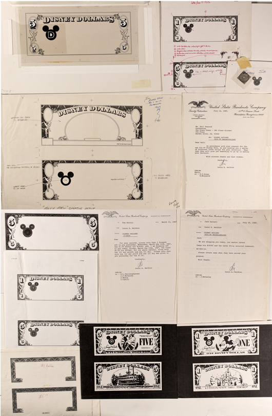 This item is a compilation of U.S. Disney Dollar production file and production model artwork. Original 1987 Disney Dollar and five dollar plus 1989 Disney ephemera relating to 10 dollar denomination. Twenty-five pieces total, mostly design margin related choices. Made of paper with 100 percent cotton content, Disney Dollars had the look and feel of real currency. They were used in Disney parks and stores. Image courtesy of Holabird-Kagin Americana. 