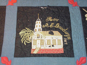 One square depicts the original church, the Rev. Goodwyn's name and the date 1867. Image courtesy of Jessica Hack Textile Restoration.