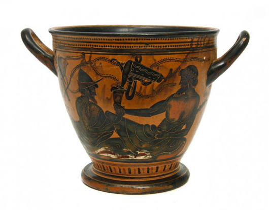 Greek pottery skyphos, achieved $41,480. Image courtesy of Leslie Hindman Auctioneers.