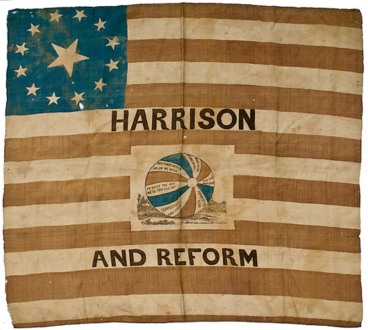 William Henry Harrison campaign flag banner. Estimate: $10,000/15,000. Image courtesy of Cowan’s Auctions Inc.