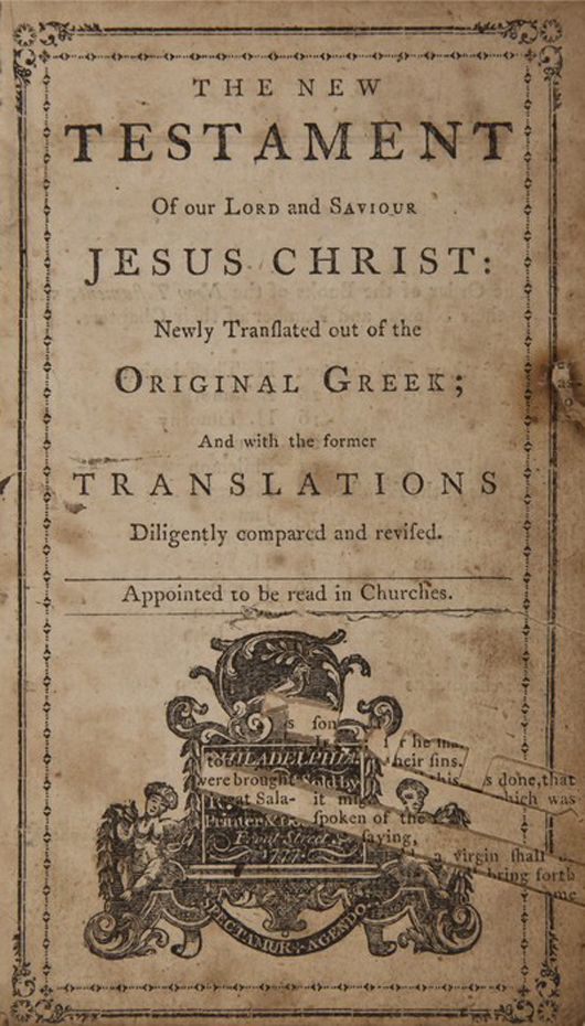 The title page of the New Testament published by Robert Aitken in 1777 in Philadelphia. Image courtesy of Bloomsbury Auctions.