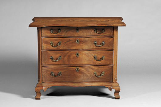 Rare Chippendale Carved Mahogany Reverse Serpentine Bureau, Charlestown or Boston, Massachusetts, c. 1760-70. Provenance: Direct descent in the family of a prominent 18th century Boston merchant; Skinner, American Furniture and Decorative Arts, June 16, 1990, lot 154, to a private collection. Estimate $75,000-150,000. Sold for $94,800.