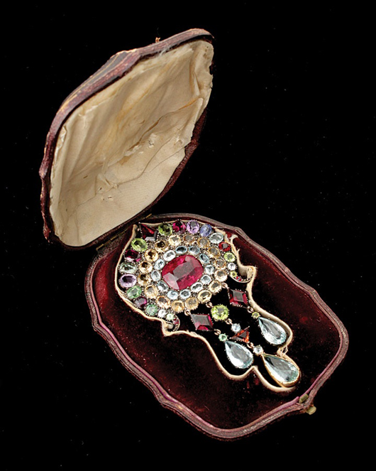 Georgian multi-stone, silver- topped, 12K yellow gold stomacher/brooch. Estimate: $10,000. Image courtesy of Michaan’s Auctions.   