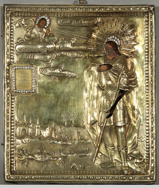 Russian Reliquary icon of St. Feodor with gilded silver oklad, Moscow, 1827, the oklad with Cyrillic maker's mark 'P.F.', 84 standard, 7 1/8 x 6 1/8 inches. Estimate $1,200-$1,500. Image courtesy of Gene Shapiro Auctions LLC.