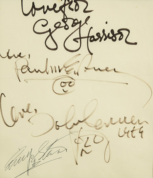 John Lennon (British 1940-1980), Paul McCartney (British b. 1942), George Harrison (British 1943-2001) and Ringo Starr (BrItish b. 1940), a collection of signatures of the Beatles including doodles by Lennon and McCartney, 1969, all on one paper, framed together with photos of the band members and two LPs ('Hey Jude' and 'Let It Be'), size including frame: 25 5/8 x 39 3/4 inches. Estimate: $1,000-$1,500. Image courtesy of Gene Shapiro Auctions LLC.