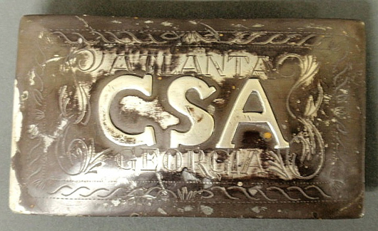 Rare Confederate Civil War metal belt buckle inscribed 'Atlanta Georgia.' Estimate: $800-$1,200. Image courtesy of Wiederseim & Associates.